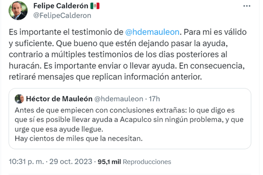 Felipe Calderón se ve obligado a borrar mensajes con información falsa sobre Acapulco