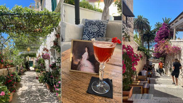 From left: The atmosphere at Hotel Park Hvar, a cocktail at Palace Elisabeth, and a walk around Hvar Town