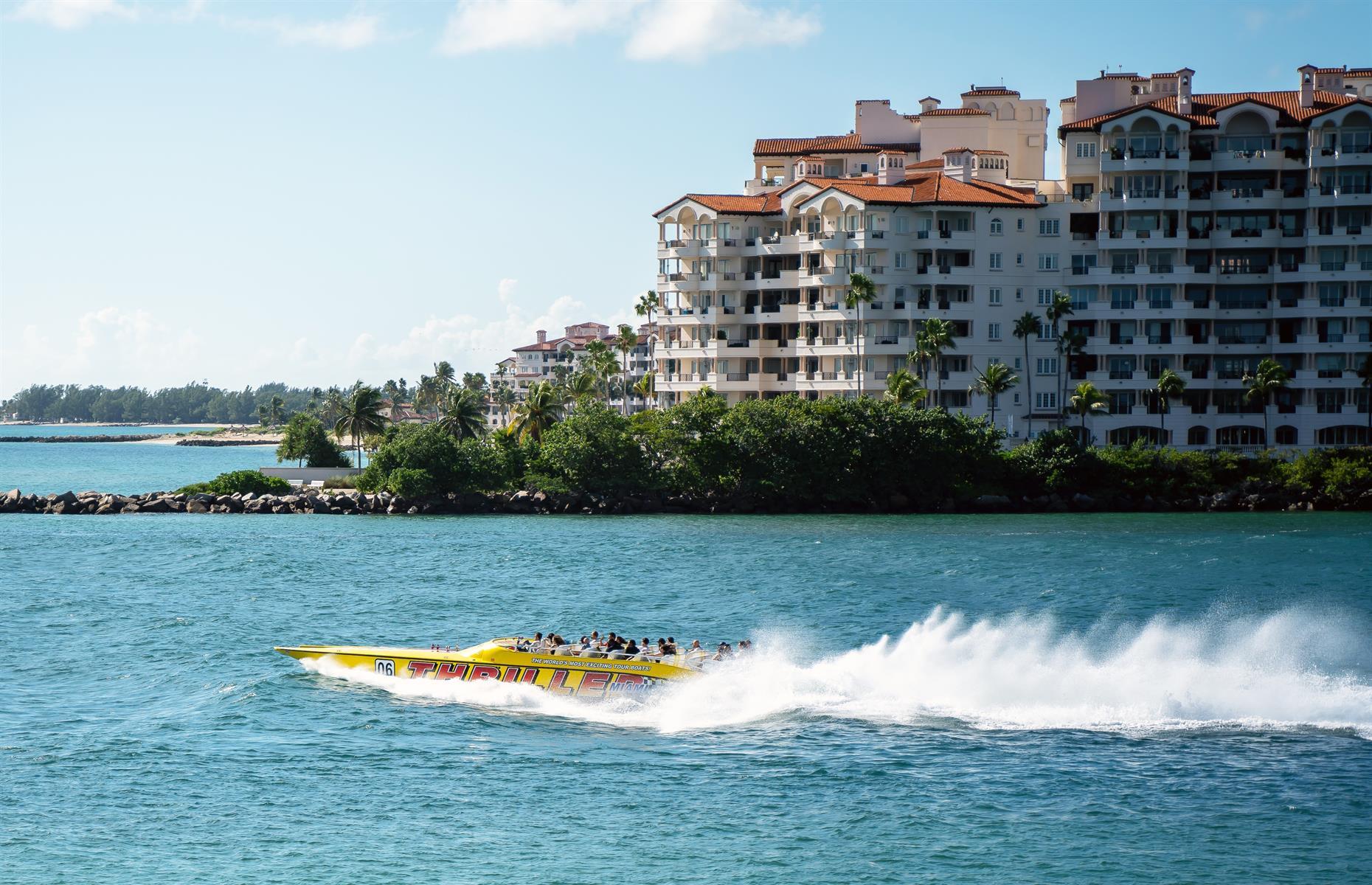 <p>Want to pick up the pace after a relaxing morning by the pool? Few places balance easy living with adrenaline quite like Miami – and if you’re looking for an experience that’s a little more Miami Vice, the <a href="https://www.thrillermiami.com/">Thriller speedboat tour</a> should go to the top of your itinerary. Departing from Bayside Marketplace, these 45-minute tours will take you to see celebrity super-homes on Star Island (watch out for Will Smith’s pad), the ever-changing skyline of downtown Miami and more. Unlike other boat tours, Thriller will take you right out into the Atlantic Ocean and covers three times the Miami area. Also unlike other boat tours, it reaches speeds of up to 40 miles per hour. Hold onto your hats...</p>