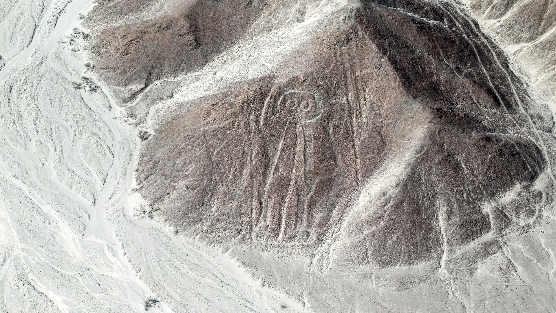 <p>                     This geoglyph, which depicts a kind of supernatural being, is one of the best known. It was rediscovered in the 1960s and can be found alongside a collection of other line drawings, including trophy heads and camelids, a group that includes llamas and camels.                   </p>