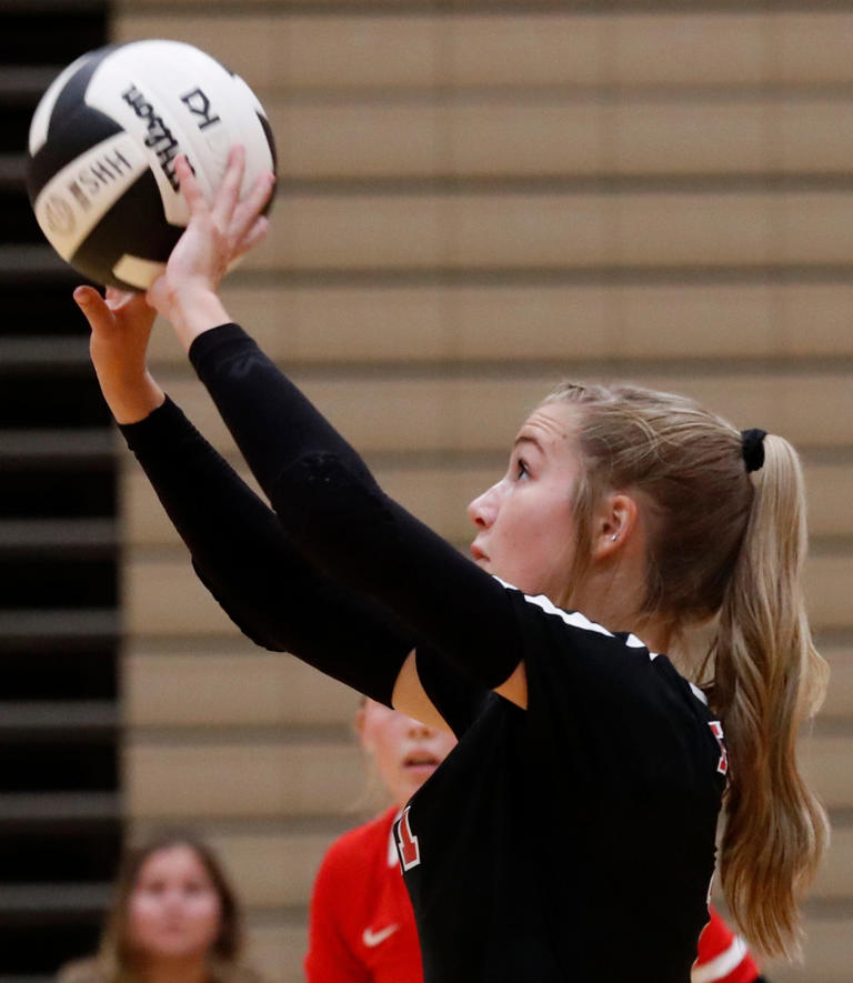 Frontier Emma Segal (11) hits the ball during the IHSAA girls volleyball match against Harrison, Tuesday, Aug. 22, 2023, at Harrison High School in West Lafayette, Ind. Segal signed on to play volleyball at Indiana University.