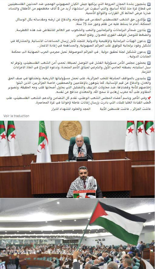 Capture d'écran, réalisée le 9 novembre 2023, de la déclaration finale de la session parlementaire algérienne extraordinaire du 31 octobre consacrée à "la cause palestinienne"