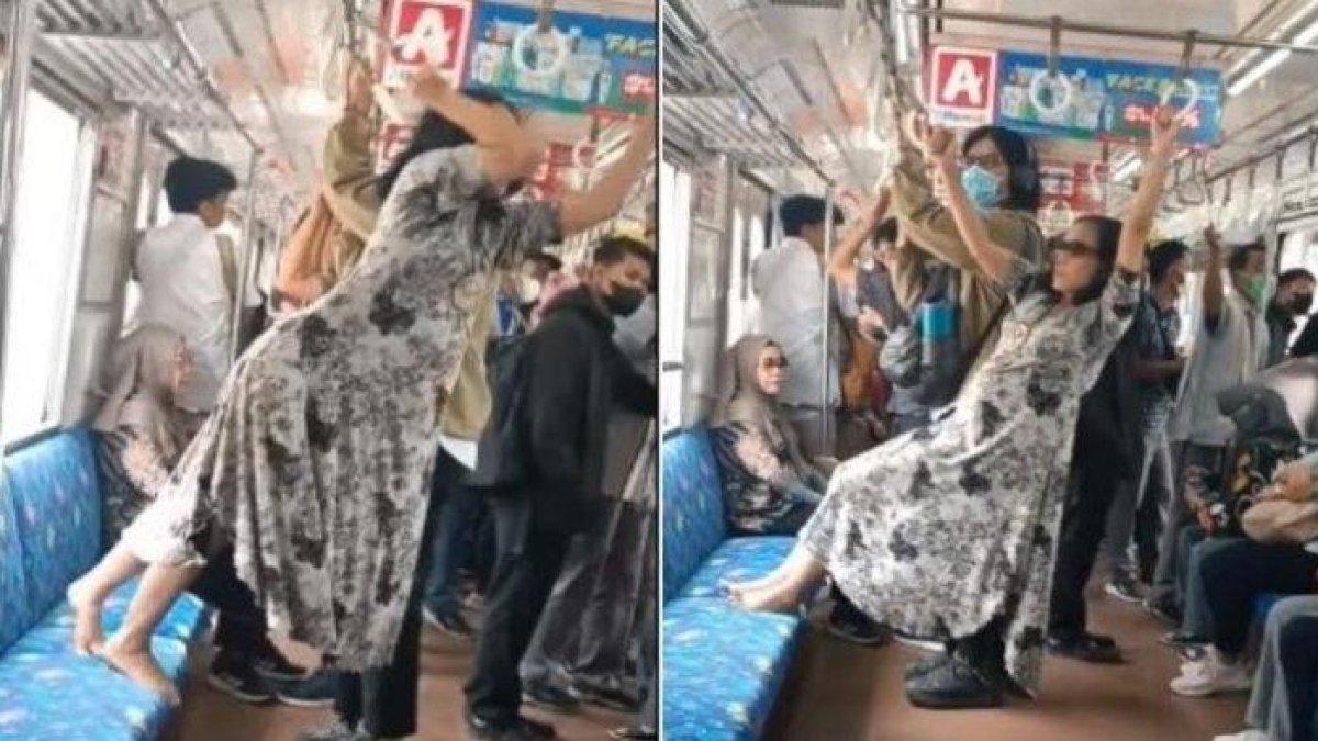 viral video wanita berdaster lakukan hal nyeleneh di krl,bergelantungan lalu usir para penumpang