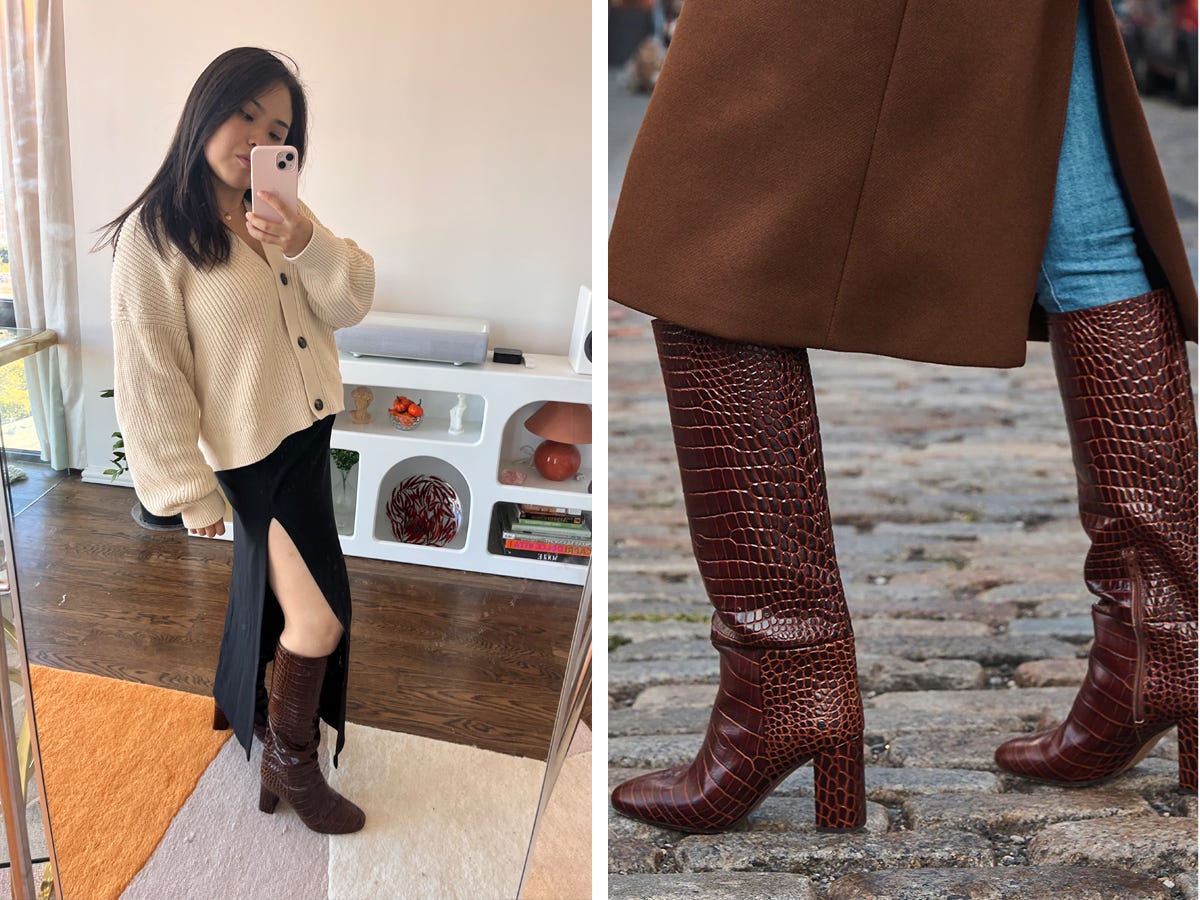 A side by side of a person modeling Inez Paloma shoes.