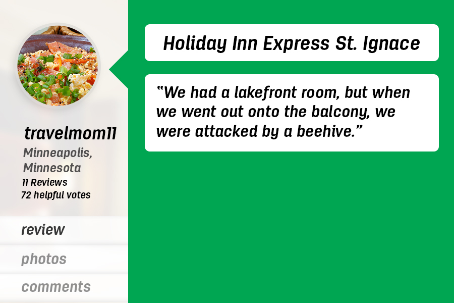 <h3>“Find someplace else”</h3>  <p>Nature is an unpredictable beast. We could say that the hotel probably could have sprayed off the balcony, but clearly you're doing something wrong if you walk straight into a beehive.</p>  <p>(via <a href="http://www.tripadvisor.com/ShowUserReviews-g42671-d95390-r117335896-Holiday_Inn_Express_St_Ignace-Saint_Ignace_Mackinac_County_Upper_Peninsula_Michigan.html">TripAdvisor</a>)</p>
