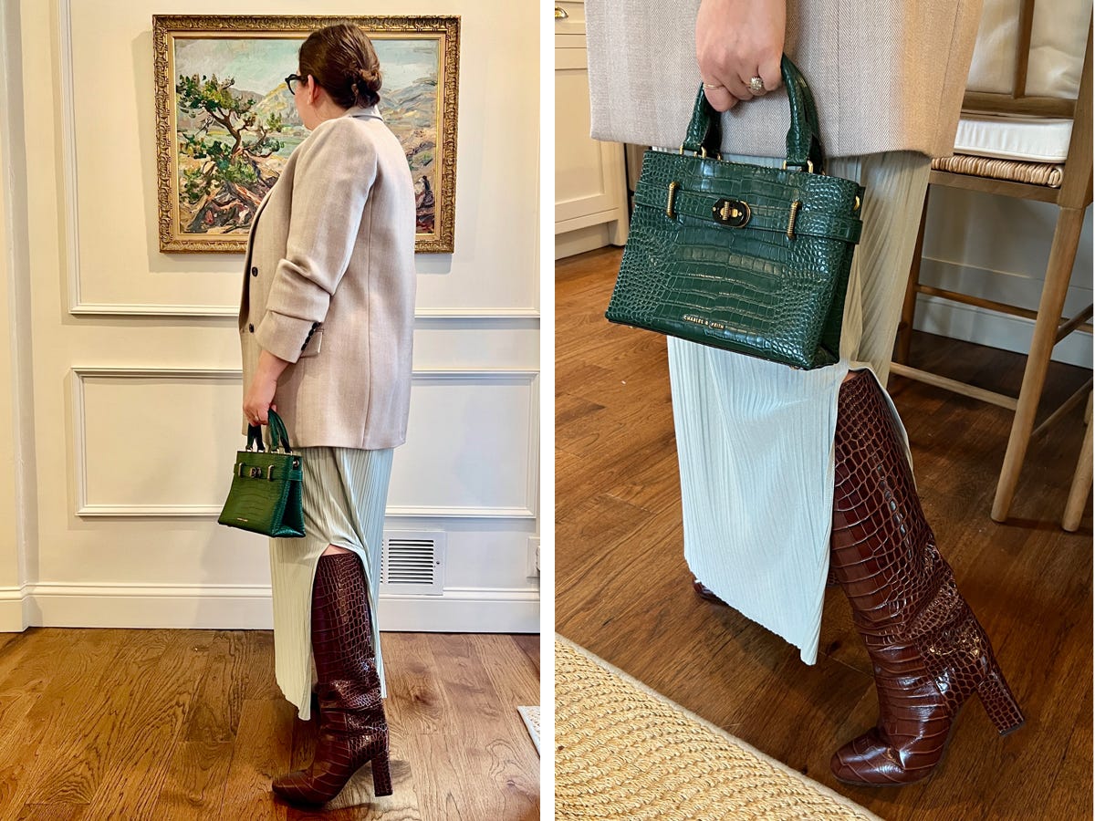 A full body perpective of someone wearing the Paloma extended calf boots next to a close up of someone's feet in the boot.