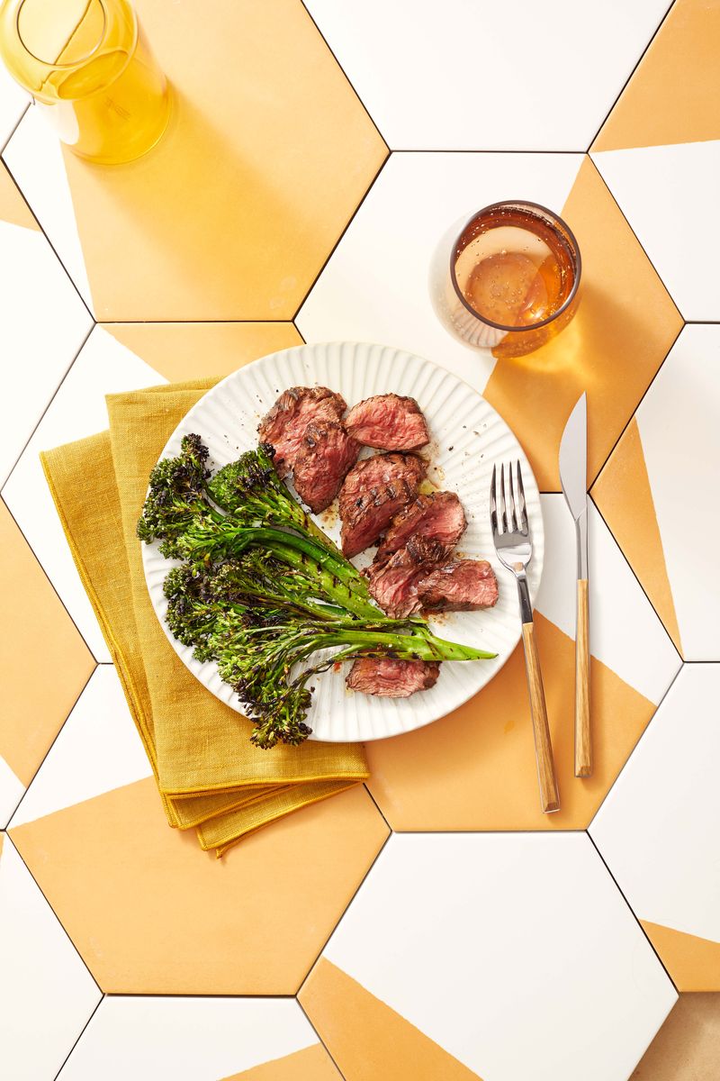 75) Grilled Hanger Steak with Charred Broccolini