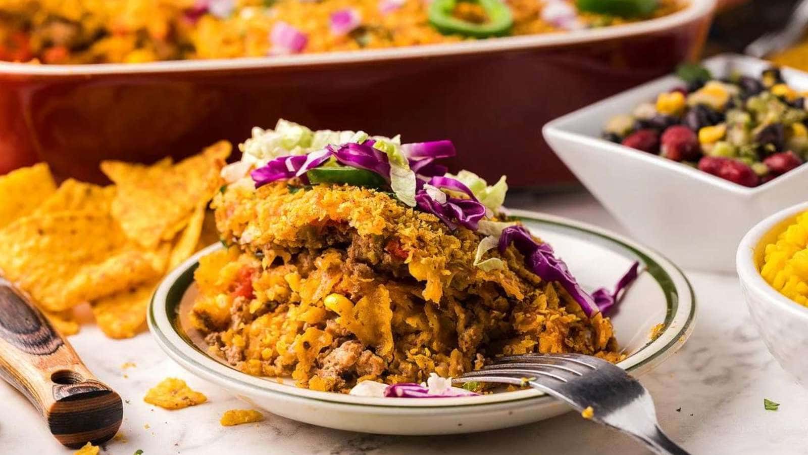 <p>Cool Ranch Turkey Taco Casserole combines ground turkey with Doritos, vegetables, Greek yogurt, taco seasoning, and more. This is a simple recipe to make. If you’re on the lookout for a Mexican inspired meal, give this easy taco bake Dorito casserole a try.</p><p><strong>Get the Recipe: <a href="https://xoxobella.com/cool-ranch-turkey-taco-casserole" rel="noreferrer noopener">Cool Ranch Turkey Taco Casserole</a></strong></p>
