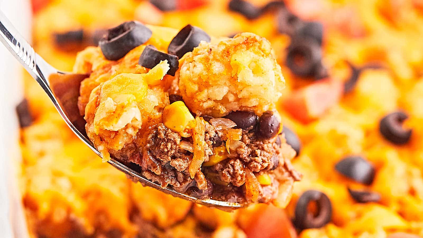 <p>This ground beef casserole is loaded with delicious Mexican food flavors, topped with tater tots, and finished with a layer of cheese. It's a real family favorite.</p><p><strong>Get the Recipe: <a href="https://cheerfulcook.com/taco-tater-tot-casserole/" rel="noreferrer noopener">Taco Tater Tot Casserole</a></strong></p>