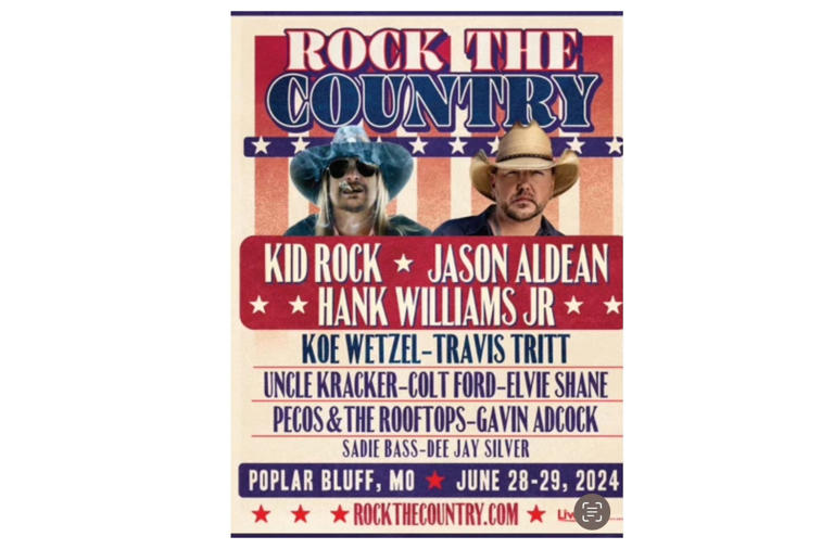 Kid Rock, Jason Aldean, Hank Williams Jr. and nine other country music artists are set to take the stage in Poplar Bluff.