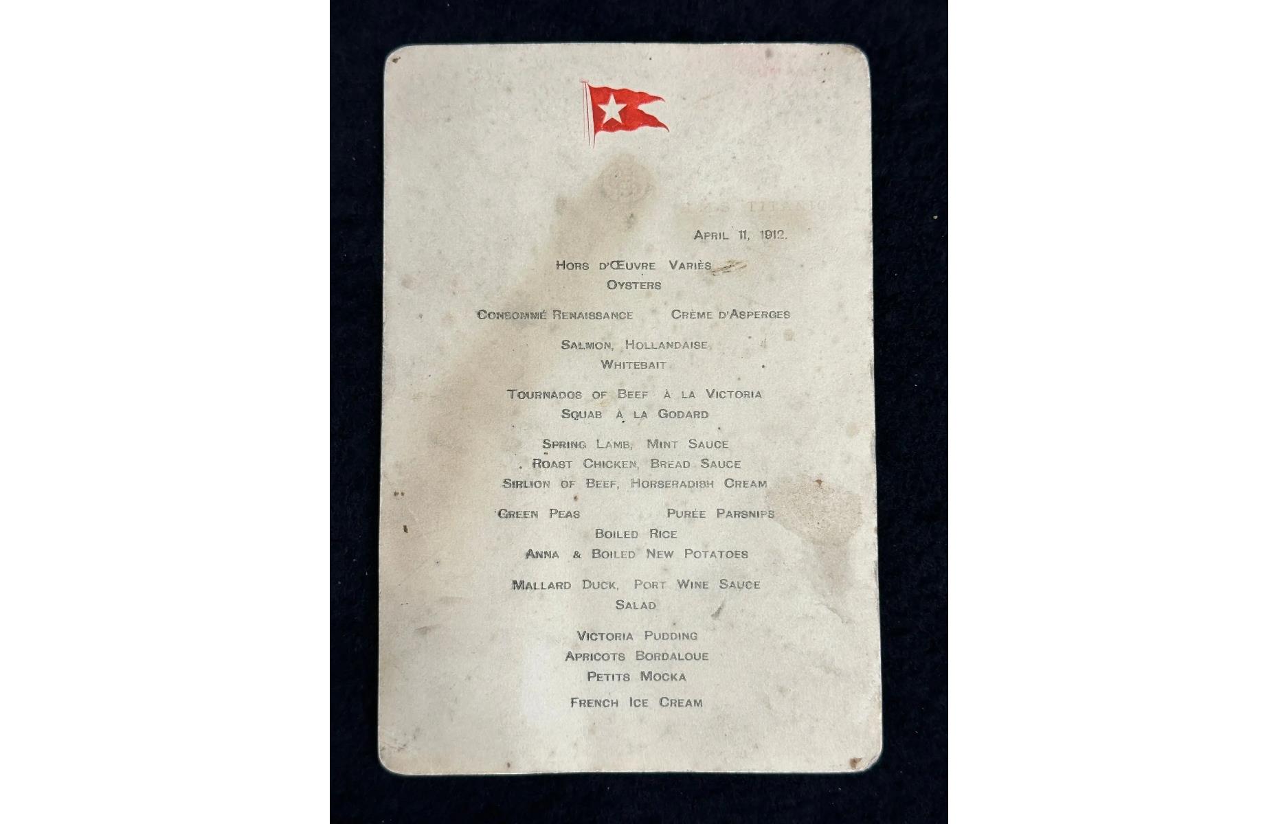 <p>Believed to be the only remaining first-class dinner menu from the night of 11 April, 1912 – three days before the tragedy, this piece went up for auction on 11 November, 2023 at Henry Aldridge & Son Ltd in Wiltshire, England, UK. With light water damage, it was described by the auction house as ‘a remarkable survivor from the most famous ocean liner of all time’. The lot, which was auctioned off alongside other Titanic memorabilia, including a first-class tartan-patterned deck blanket, far surpassed its estimate of £70,000 (around $85,000).</p>
