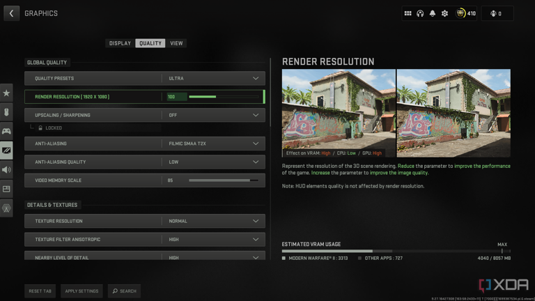 The in-game settings of Call of Duty Modern Warfare, showing render resolution settings and measuring VRAM Usage