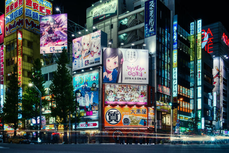 Akihabara is a dazzling location near Toyko, Japan that has a thriving anime culture. pictured: the streets of Akihabara at night