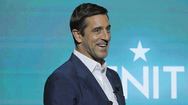 New York Jets Quarterback Aaron Rodgers is on stage as Aaron Rodgers & Zenith unveil his limited edition design on October 30, 2023 in New York City. Randy Brooke/FilmMagic