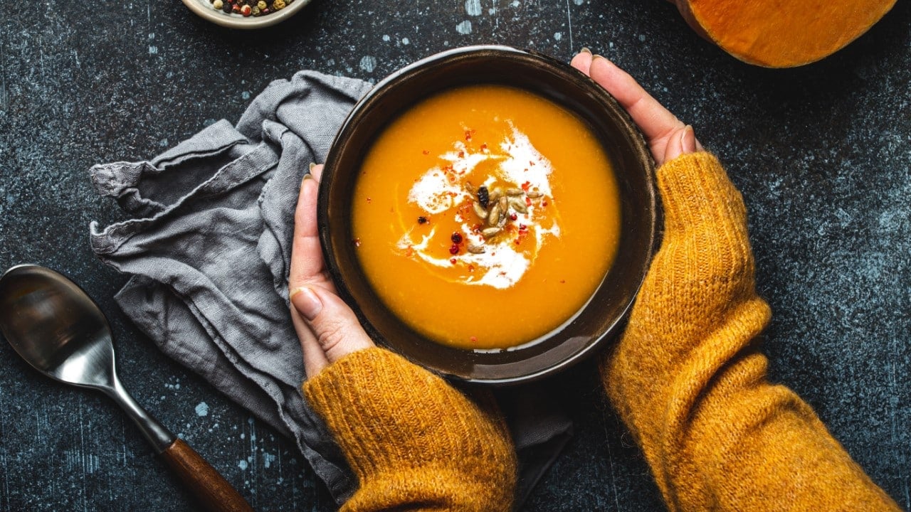 <p>This hearty soup is made with potatoes, red lentils, carrots, pumpkin, mushrooms, sausage, and beef broth, along with an array of flavorful seasonings. It’s a cozy appetizer that will warm everyone up the moment they get there. Use a knife to turn the mushrooms into little skulls.</p>