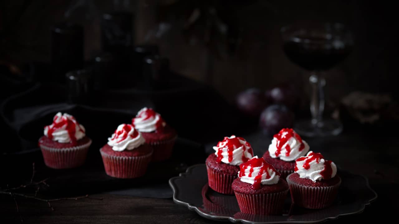 <p>You can interpret this idea in your own way, but you’ll really impress your guests if you fill the cupcakes with a red gel that oozes out when they take a bite. It’s also fun to take chopsticks and poke holes in the cupcakes to look like fang bites.</p>