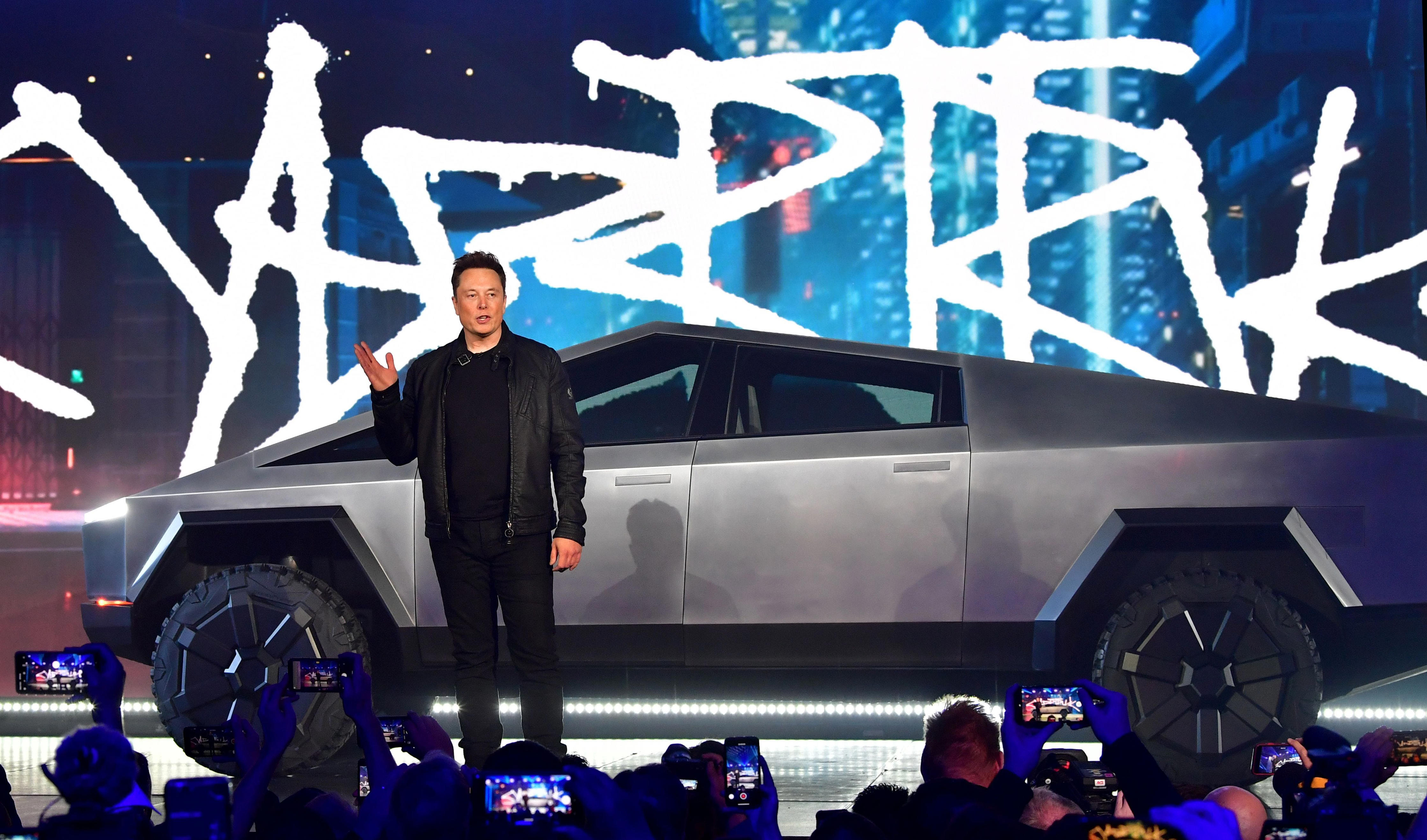Tesla CEO Elon Musk introducing the Cybertruck in November 2019. <a>Frederic J. Brown/AFP via Getty Images</a>