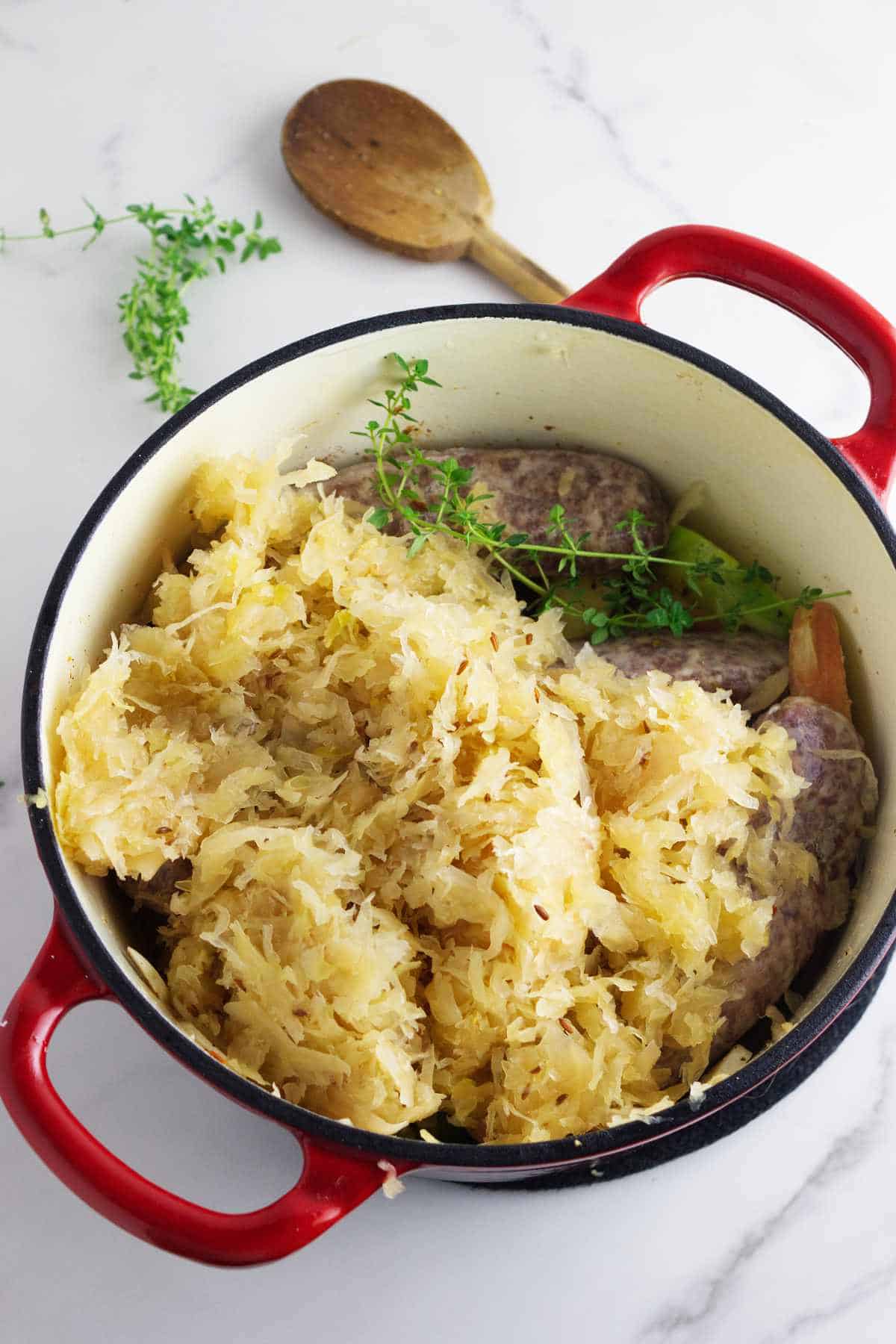 Oven Baked Bratwurst and Sauerkraut with Apples