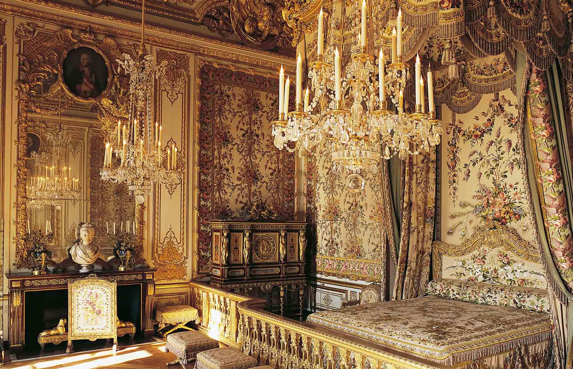 <p>Marie Antoinette spent a considerable amount of time and money on decorating – and redecorating – her various apartments within the palace. </p>  <p>She enjoyed assigning elaborate themes and color schemes to her rooms that would encompass the walls, ceilings, floors, and even the curtains and lighting.</p>  <p>While the rooms she designed retained the grandeur expected of a royal court, Marie Antoinette also added feminine floral accents and elegant wooden boiserie paneling for a feminine finish. </p>  <p>Pictured is one of the queen's lavish gilded chambers within Versailles.</p>