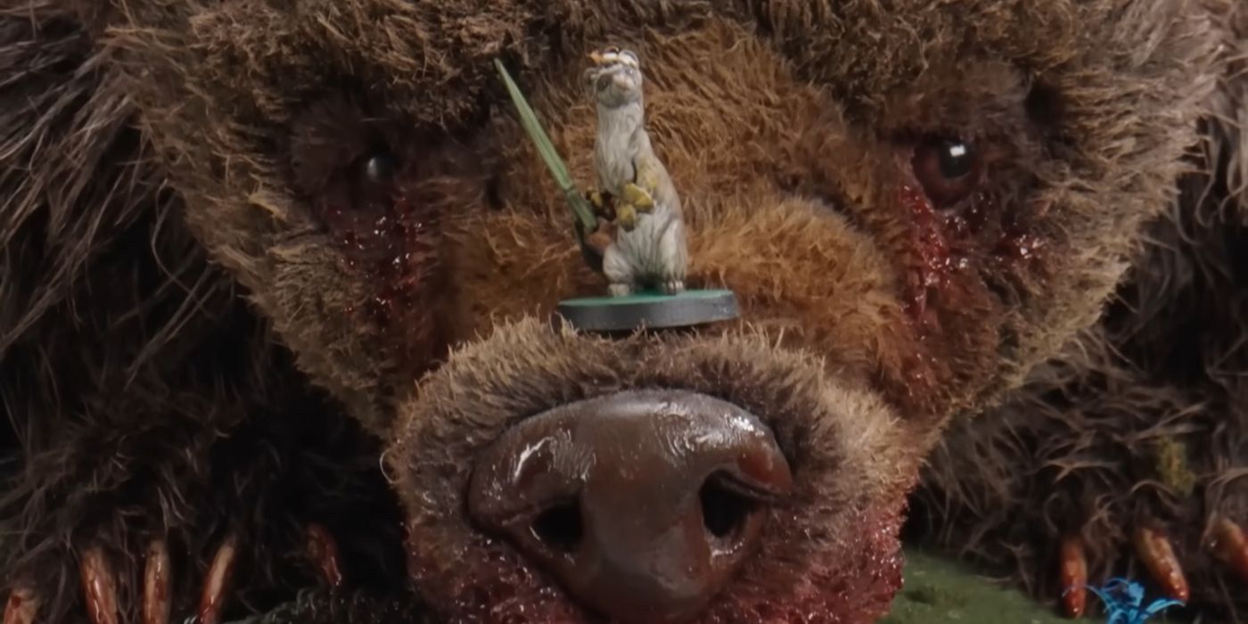 The character of Thorn sits on top of a bear's nose in Dimension 20: Burrow's End