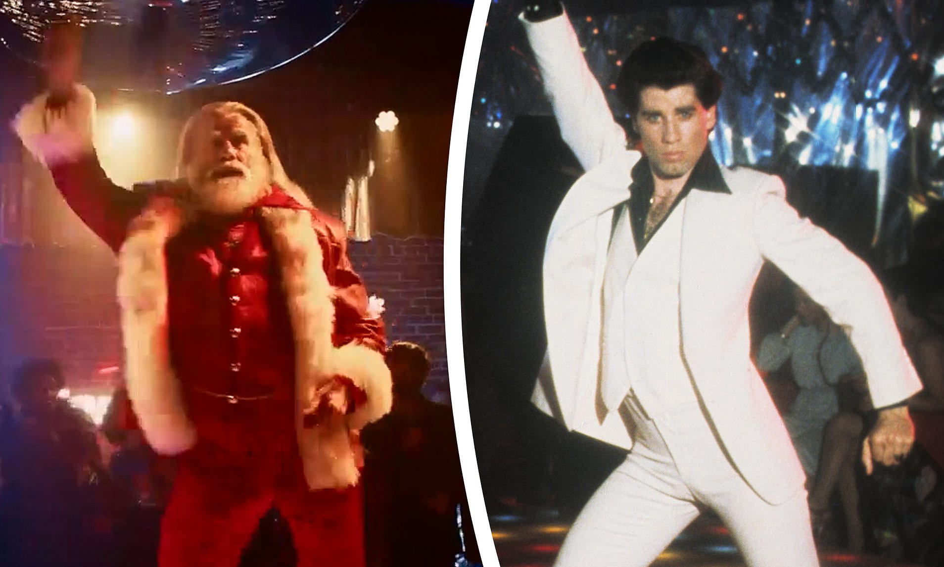 John Travolta is Santa as he recreates Saturday Night Fever