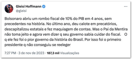 “O pai da mentira não toma jeito”, diz Gleisi sobre Bolsonaro