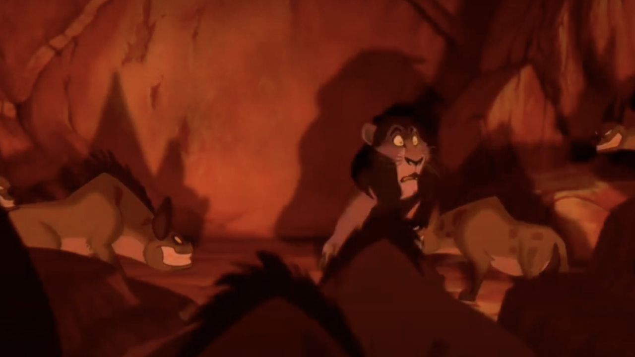 <p>                     Because 1994’s <em>The Lion King</em> is an animated Disney movie, it would be unwise to actually show its villain, Scar (Jeremy Irons), suffering an, otherwise, deservedly brutal demise. However, we do get a brief glimpse of it when the surrounding flames cast shadows of the hyenas’ attack on their former boss onto a wall of rock behind him.                   </p>