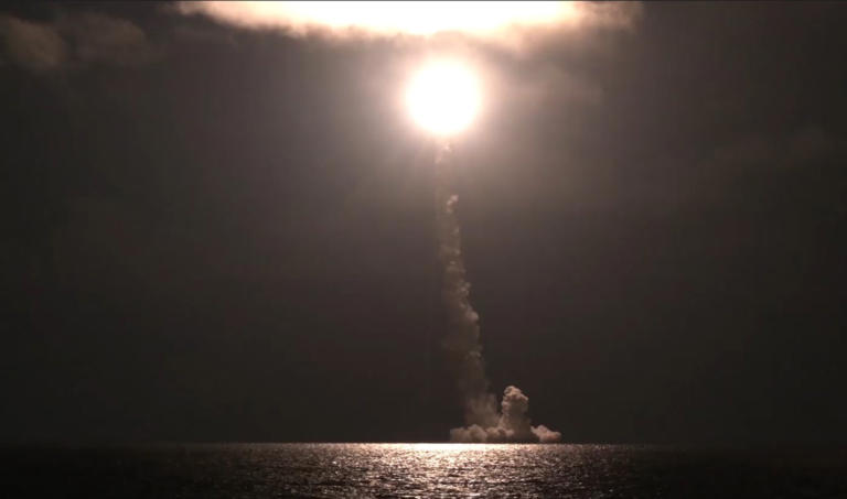 A screen grab from the Russian Ministry of Defense video Moscow says shows the launch of from the submarine Imperator Alexander III a Bulava ICBM from the White Sea on November 5, 2023. Ukraine has claimed the launch had failed.