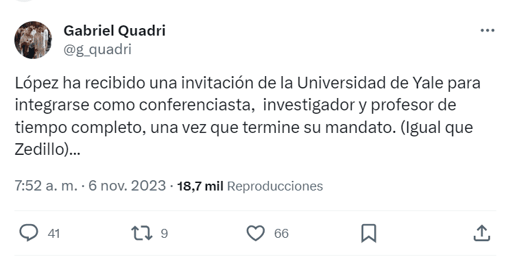 Mensaje de Gabriel Quadri en X