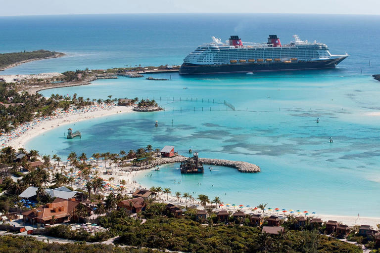 DIsney Dream docked at Castaway Cay in the Bahamas.