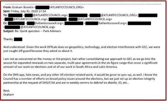 An email from Atlantic Council’s Digital Forensic Research Lab's senior director Graham Brookie said they set up the EIP at the request of DHS/CISA