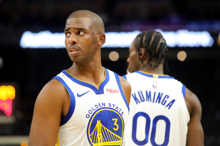Golden State Warriors' Chris Paul (3) looks on in the first half of the season opener against the Phoenix Suns at Chase Center in San Francisco, Calif., on Tuesday, Oct. 24, 2023.
