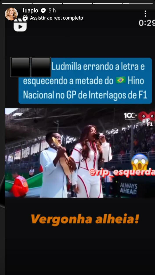Luana Piovani compartilha vídeo de Ludmilla cantando Hino Nacional no GP de Fórmula 1 em São Paulo Foto: Reprodução/Instagram/@luapio