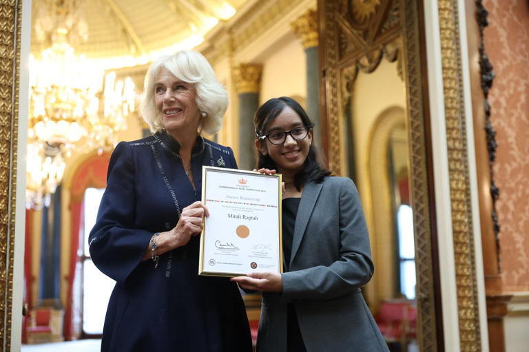 Queen Camilla Hosts A reception For Winners Of The Queen's Commonwealth Essay Competition
