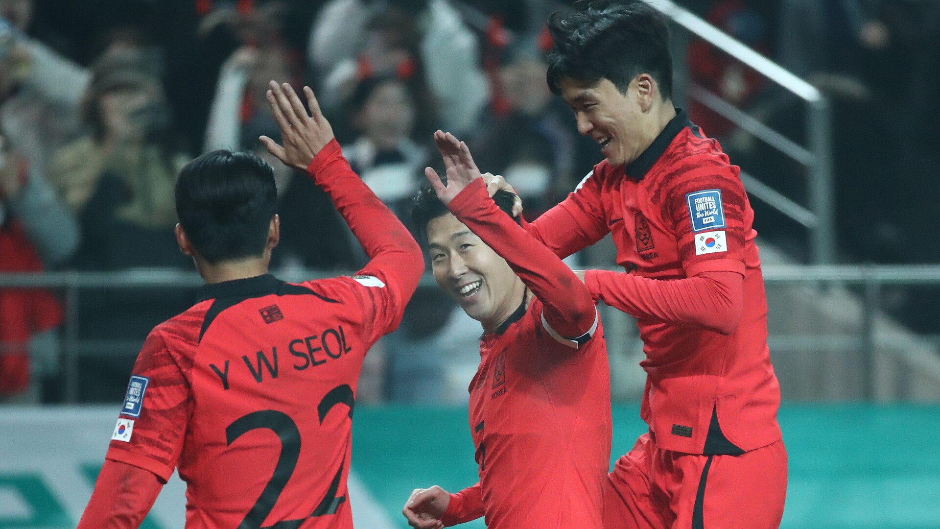 SEOUL, SOUTH KOREA - NOVEMBER 16: Son Heung-min of South Korea celerates after scores team's third goal during the FIFA World Cup Asian 2nd qualifier match between South Korea and Singapore at Seoul World Cup Stadium on November 16, 2023 in Seoul, South Korea. (Photo by Chung Sung-Jun/Getty Images)