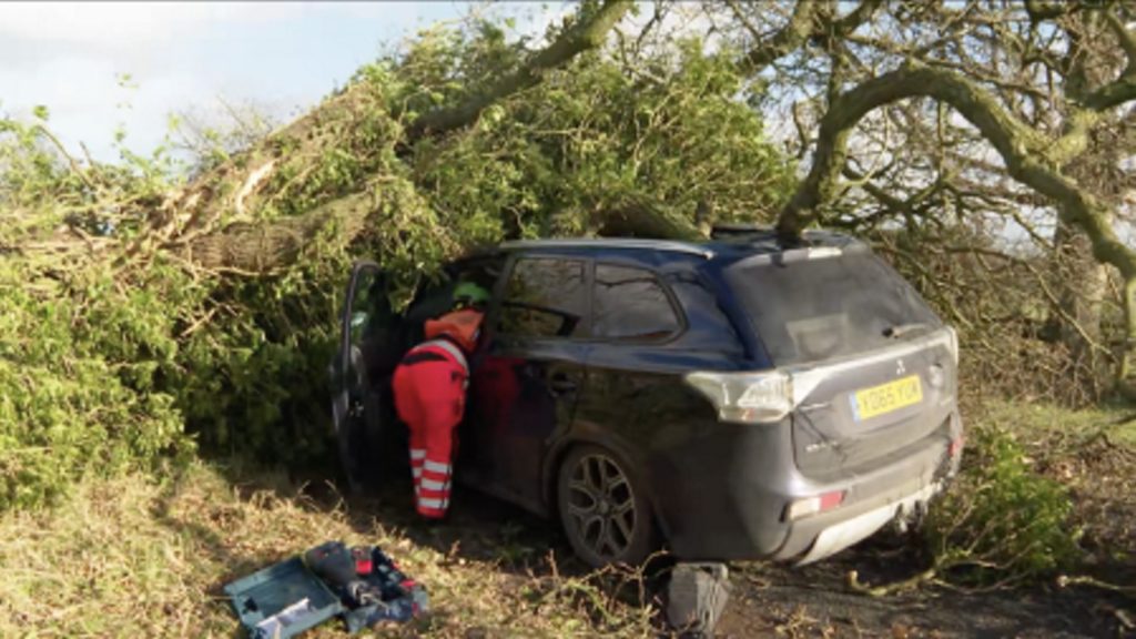 Stephanie and Giles Bilton's car after a tree fell on it. (Yorkshire Air Ambulance via SWNS)