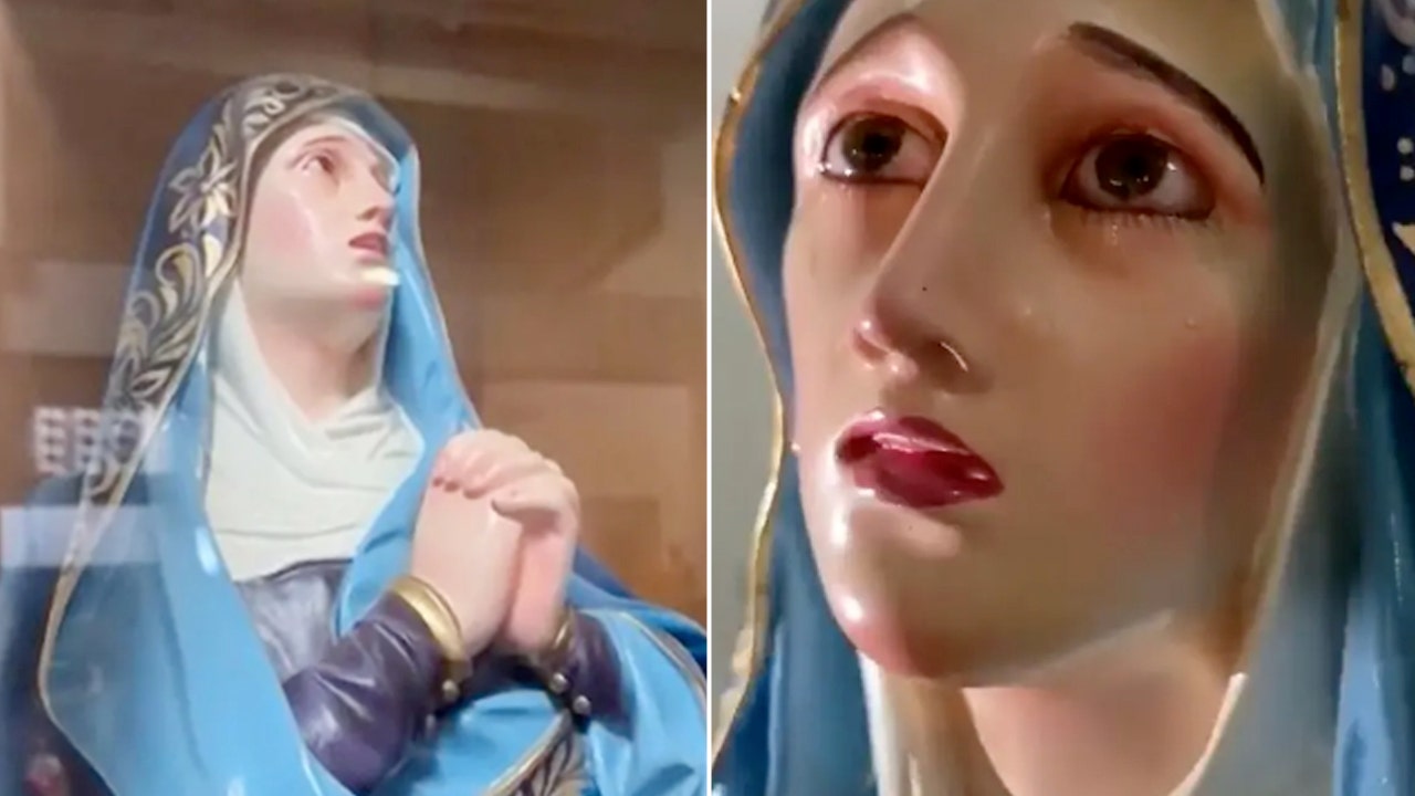 A statue of the Virgin Mary located in the Mexican state of Colima is reportedly crying tears. Here are two views of the statue. <a>CEN/Licensed for Fox News Digital</a>