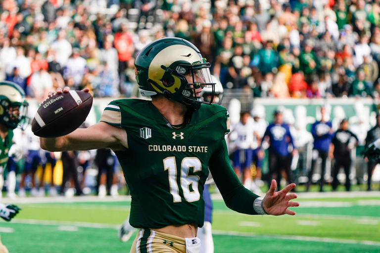 Nov 18, 2023; Fort Collins, Colorado, USA; Colorado State Rams quarterback Brayden Fowler-Nicolosi (16) looks for and open receiver in the second quarter at Sonny Lubick Field at Canvas Stadium. Mandatory Credit: Michael Madrid-USA TODAY Sports