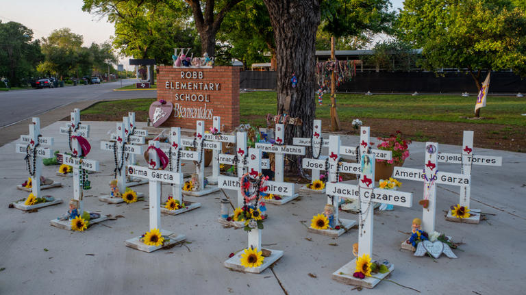 Memorial crosses at Robb Elementary School