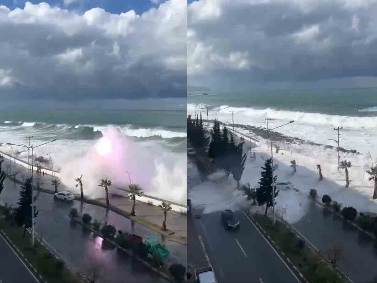 impresionantes olas chocan contra la costa de giresun, turquía a causa de la tormenta bettina