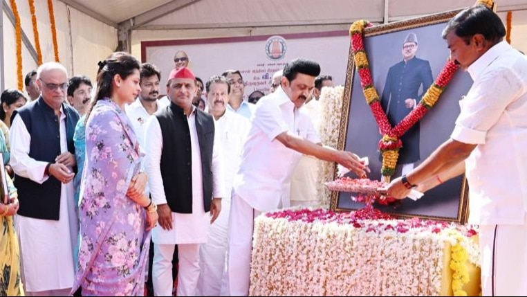 'tamil nadu was his father-state': mk stalin unveils statue of vp singh in chennai