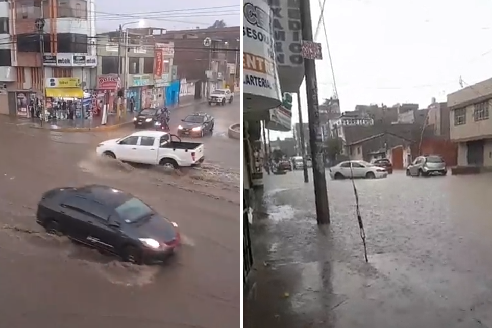 torrenciales lluvias con granizo inundan calles de localidades de huancayo