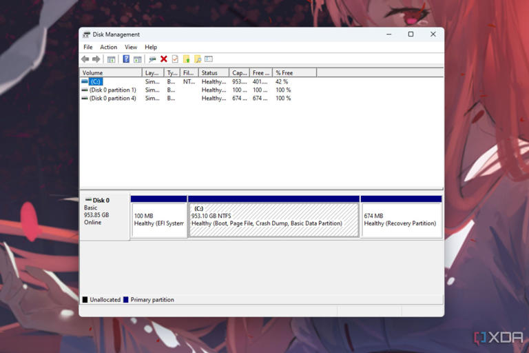 A screenshot showing the list view of the drives in Windows disk management tool.