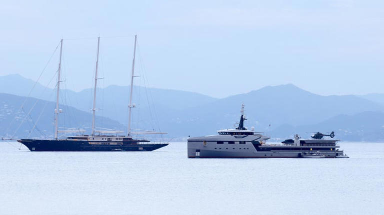 Koru and Abeona, Jeff Bezos yachts are seen on June 13, 2023 in Portofino, Italy. 