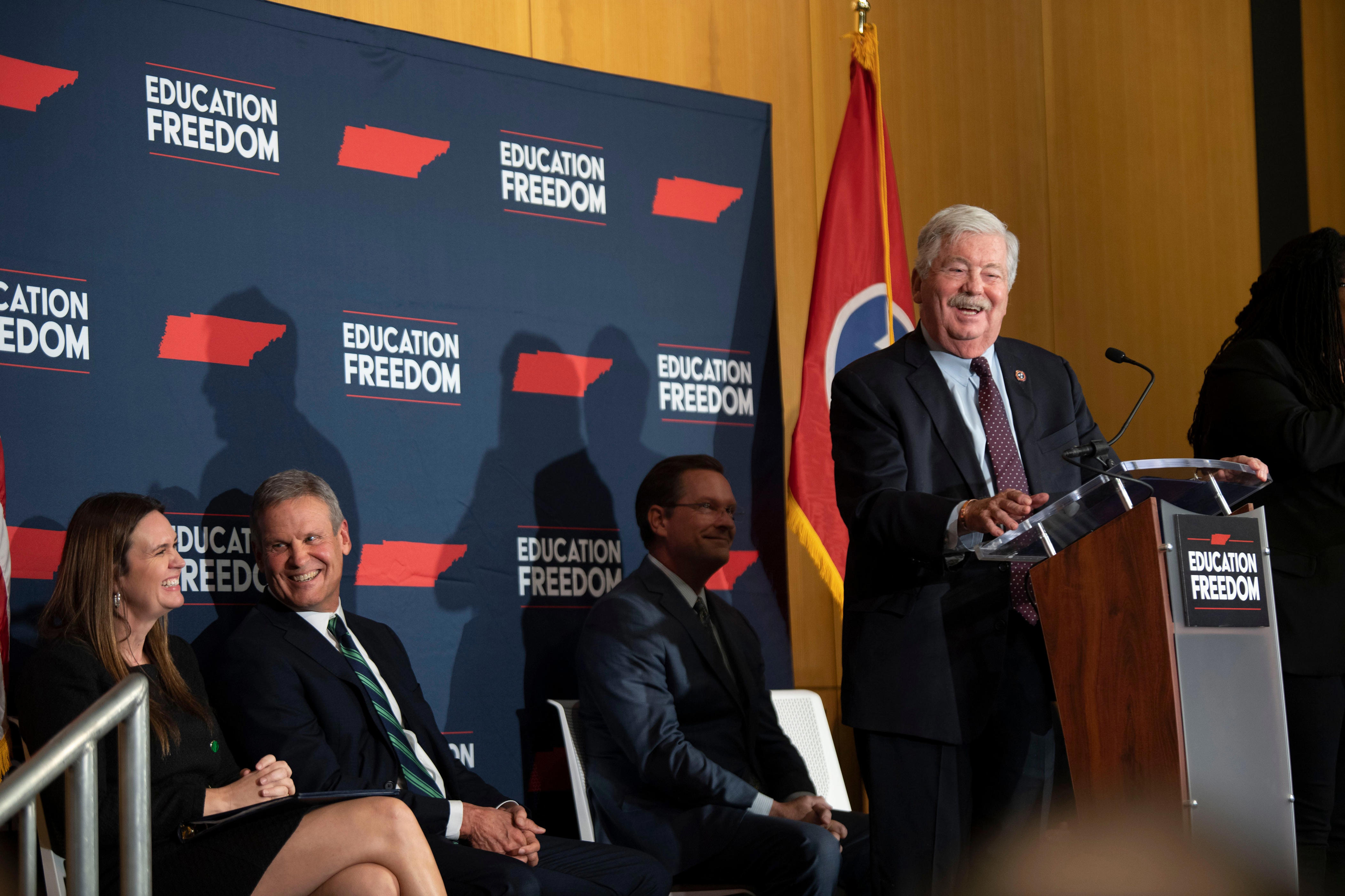 Lieutenant Governor of Tennessee Randy McNally (R) gives support to Gov. Bill Lee’s proposal at the Tennessee State Museum in Nashville, Tenn., Tuesday, Nov. 28, 2023.