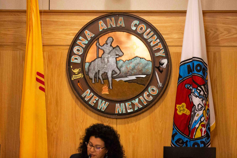 The Doña County Seal is displayed above the commissioners’ heads on Tuesday, May 28, 2023, at the Doña Ana County Government Building.