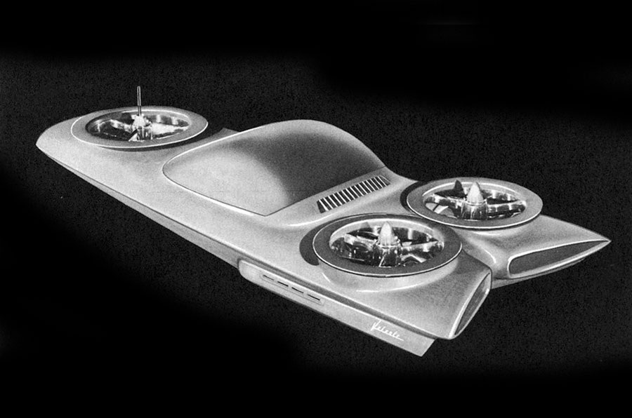 <p>The imaginations of Ford's designers were particularly fertile when they came up with this one – a hover car that was propelled by three engines in triangular formation. These gave the Volante lift as well as thrust, but as the picture shows – this is one that never got off the ground as it was just a scale model.</p>