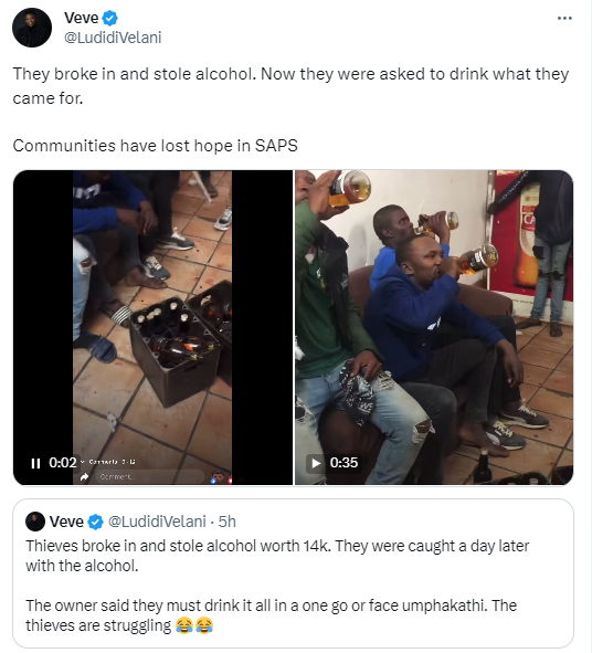 Des voleurs forcés de boire des bouteilles d'alcool qu'ils ont volées dans un magasin en Afrique du Sud (vidéo)