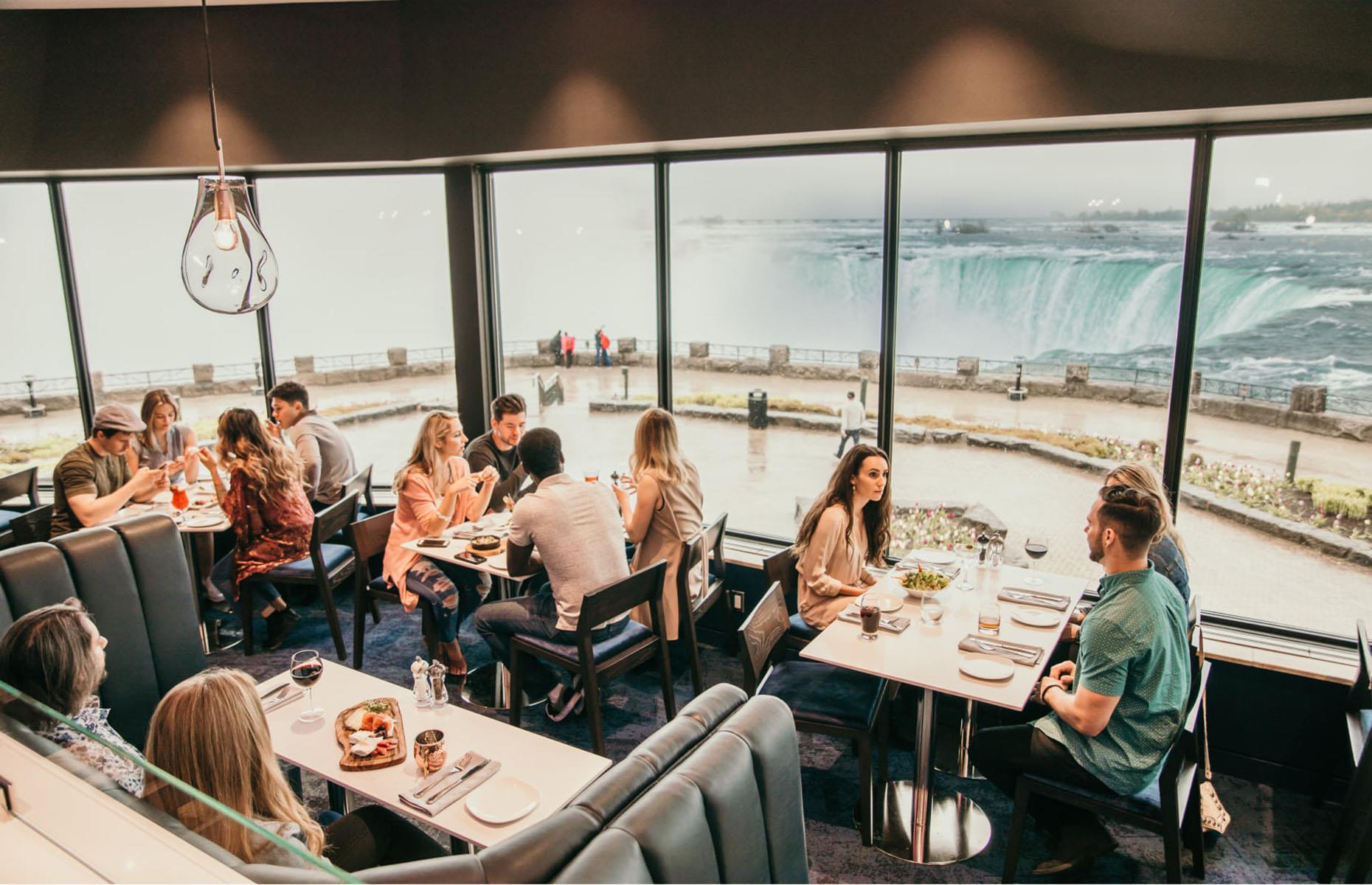 <p>One thing’s for certain, you won’t go hungry in Niagara Falls, and arguably the best seats in town go to <a href="https://www.niagaraparks.com/visit/culinary/table-rock-house-restaurant/">Table Rock House</a>. Directly over the road from Horseshoe Falls, you’re practically perched on the edge of the natural wonder.</p>  <p>For starters, you can’t go wrong with the Ontario burrata, served with pickled aubergine, toasted pine nuts, and heirloom tomatoes. The fried vegetable dumplings with kimchi, spring onions, and gochujang (red chili paste) are extremely moreish too.</p>  <p>Burger and sandwich offerings include a chicken schnitzel BLT, Atlantic lobster roll, and Canadian prime rib burger. This is a lunch to remember, no matter what you choose.</p>