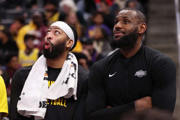Lakers forwards Anthony Davis, left, and LeBron James look on in the second half of the Pistons' 133-107 loss on Wednesday, Nov. 29, 2023, at Little Caesars Arena.